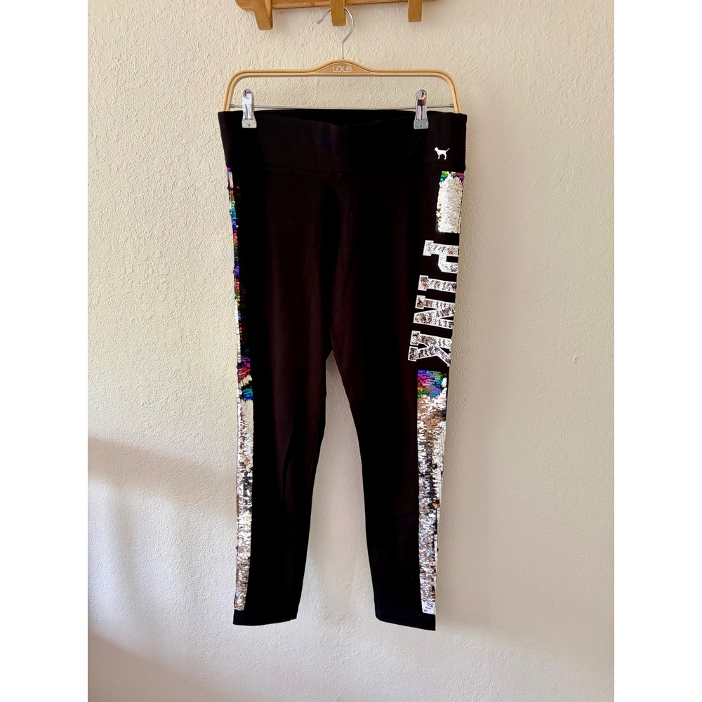 Victoria's Secret PINK L Black Yoga Leggings Color Changing Rainbow Sequins